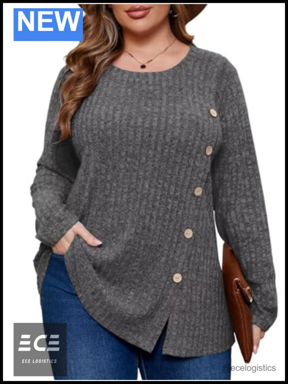 Plus Size Tunic Sweater Crew Neck Long Sleeve Button Decor Casual Fall Winter